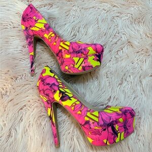 Charlotte Russe Neon Floral Heels - Pink and Yellow